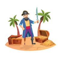 Pirate composition with island landscape cartoon human character with treasure chest vector illustration