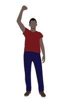 Portrait of a dark-skinned guy, one hand raised up, flat vector on white background, faceless illustration