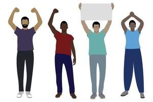 Set of dark-skinned men in full growth with arms raised above their heads, flat vector on white background, faceless illustration