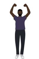 Portrait of a bearded dark-skinned guy with arms raised above his head, flat vector on white background, faceless illustration