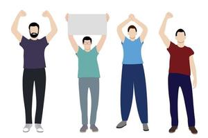 Set of full length men with arms raised above their heads, flat vector on white background, faceless illustration