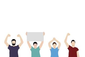 Portrait of four men with arms raised above their heads, flat vector on white background, faceless illustration