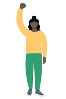 Portrait of a black girl in full growth, one hand raised up, flat vector on a white background, faceless illustration, girl protests