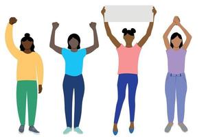 Set of black girls in full growth with hands raised above their heads, flat vector on white background, faceless illustration, girls protest