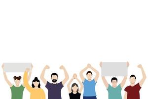 Set of portrait images of girls and guys with arms raised above their heads, flat vector on white background, faceless illustration