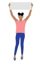 Portrait of a indian girl who raised a poster over his head, flat vector on a white background, faceless illustration