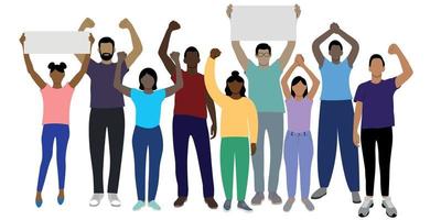 Set of black girls and guys drawn in full length with arms raised above their heads, flat vector on white background, faceless illustration