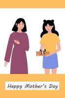 Mother's Day present concept. Smiling girl giving a present for her mother. Nice cute card, concept, poster, banner for Mother's Day. Vector illustration in flat style.