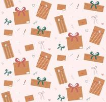 Present boxes pattern. Cute modern brown gift box, package, envelope with prints and ribbons. Vector illustration in flat style.