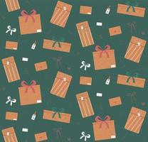 Present boxes pattern. Cute modern brown gift box, package, envelope with prints and ribbons on a green background. Vector illustration in flat style.