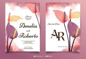 plantilla de invitación de boda de acuarela con adorno de flores de colores vector