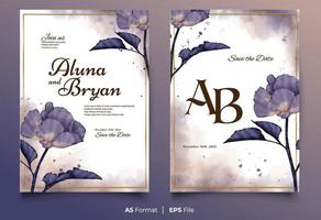 Watercolor wedding invitation template with blue and brown flower ornament vector