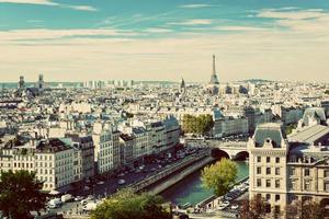 Paris panorama, France. Eiffel Tower, Seine river. Vintage photo