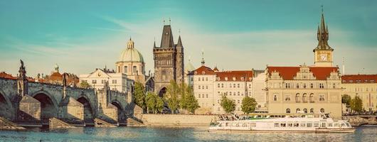 Prague, Czech Republic. Charles Bridge, boat cruise on Vltava river. Vintage photo