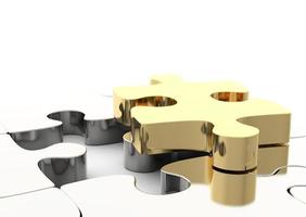 Last golden puzzle piece to complete a jigsaw. . Concept of business solution photo