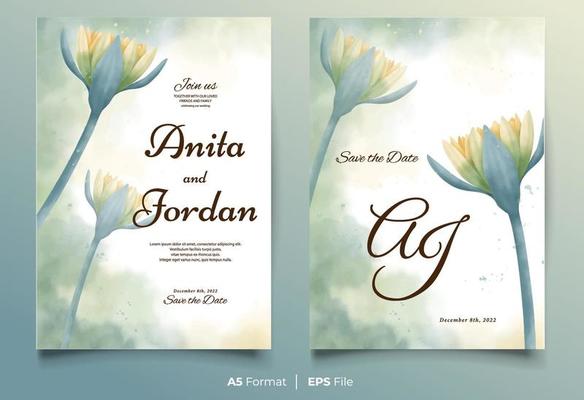 Watercolor wedding invitation template with peach and yellow flower ornament