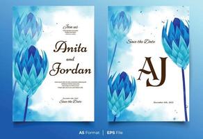 plantilla de invitación de boda de acuarela con adorno de flor azul vector