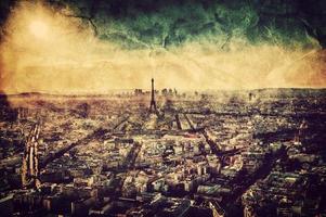 Paris, France at sunset. Aerial view on landmarks. Vintage photo