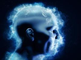 mente, poder cerebral y concepto de energía. cabeza humana 3d con formas abstractas brillantes foto
