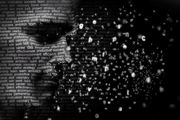 Man face blended with flowing list of motivational words