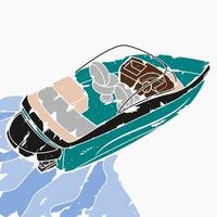 Editable Top Back Oblique View American Bowrider Boat on Water Vector Illustration in Brush Strokes Style for Artwork Element of Transportation or Recreation Related Design