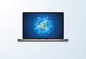 Concept is data security Shield on Computer Laptop protect sensitive data. Internet security. Vector Illustration