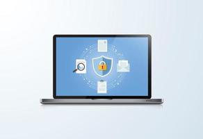 Concept is data security Center .Shield on Computer Laptop protect sensitive data. Internet security. Vector Illustration