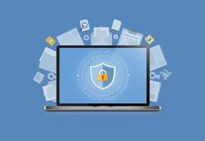 Concept is data security Center .Shield on Computer Laptop protect sensitive data. Internet security. Vector Illustration