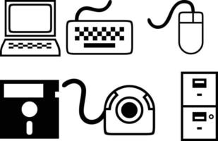 Illustration of computer monitor icon, keyboard, mouse, floppy disk and web camera, vector