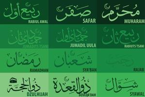 Names of months in Islam for learning.  It's Muharram, Safar, Rabiul Awal, Rabiuts Tsani, Jumadil Ula, Jumadits Tsani, Rajab, Sha'ban, Ramadan, Shawwal, and Dzulqo'dah, Dzulhijah. vector