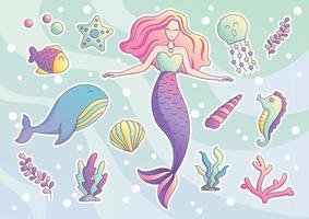 Cute mermaid and sea creatures vector set.