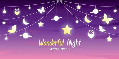 Night sky background with glowing stuff vector that hang on string.