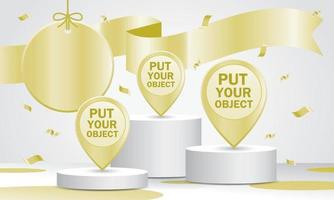 Display podium with hanging sign and beautiful ribbon 3D illustration vector in white and gold color theme for putting your object.