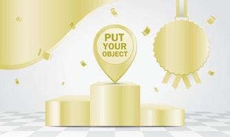 Golden winner podium with medal on checkered floor 3D illustration vector for putting your object.