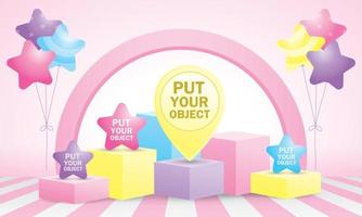 Cute display podium with balloon 3D illustration vector in girly style for putting your object.