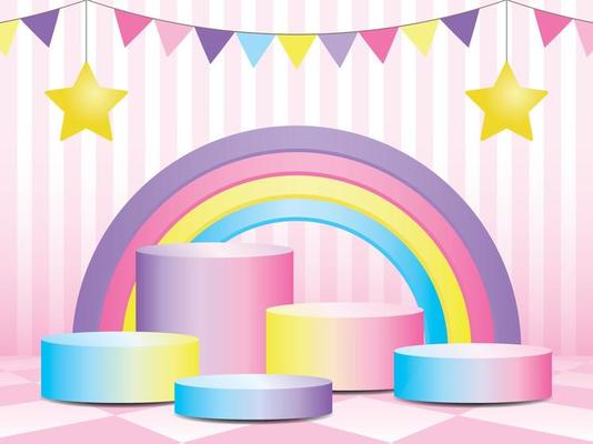 Cute pastel gradient podium with rainbow backdrop in lovely pink scene 3D illustration vector.