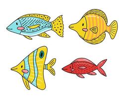 Set cute doodle cartoon sea fish. Vector illustration.