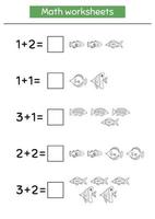 Math game for preschool and school age children. Count and insert the correct numbers. Addition. Doodle fish. Coloring page. vector