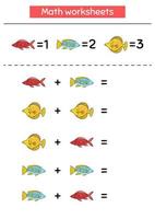 Math game for preschool and school age children. Count and insert the correct numbers. Addition. Doodle fish. Vector illustration.