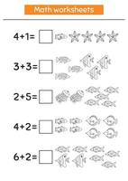 Math game for preschool and school age children. Count and insert the correct numbers. Addition. Doodle fish. Coloring page. vector