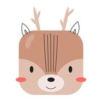 Square forest animal cartoon face. Cute icon deer. Vector illustration.