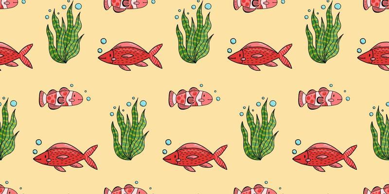 Seamless pattern with cute doodle cartoon sea animals. Vector illustration.