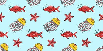 Seamless pattern with cute doodle cartoon sea animals. Vector illustration.