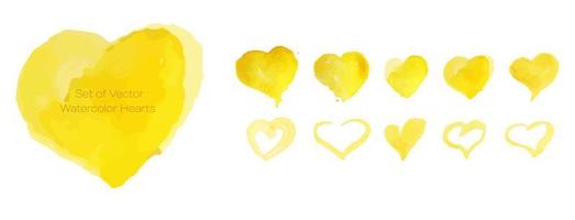 Set of Decorative Vector Watercolor Hearts in Yellow Colors