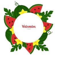 Round Decorative Vector Frame of Bright Watermelons, Leaves and Watermelon Blossoms