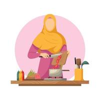 cute muslim woman cooking on the kitchen vector