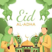 diseño de tarjeta de felicitación para eid al adha e iftar con ilustración de personaje de pareja vector