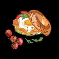 Sándwich de bagel con salmón y huevo frito y verduras, un montón de tomates a continuación, ilustración vectorial realista de dibujos animados sobre un fondo negro. Hamburguesa con salmón. Comida saludable. Comida rápida y saludable vector