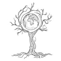 Ecological concept.World globe entwined with branches of dry dead tree line art abstract vector illustration.Global warming.Climate change concept.Save planet Earth.