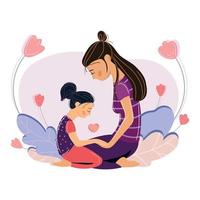 Young mother with little daughter communicate vector cartoon illustration.Modern parents and children concept.Child mental health.Happy Mother's Day